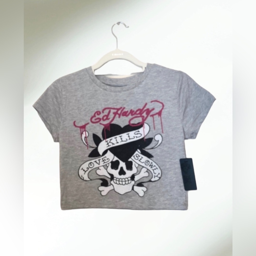 Ed Hardy Gray Love Kills Slowly Cropped Tee